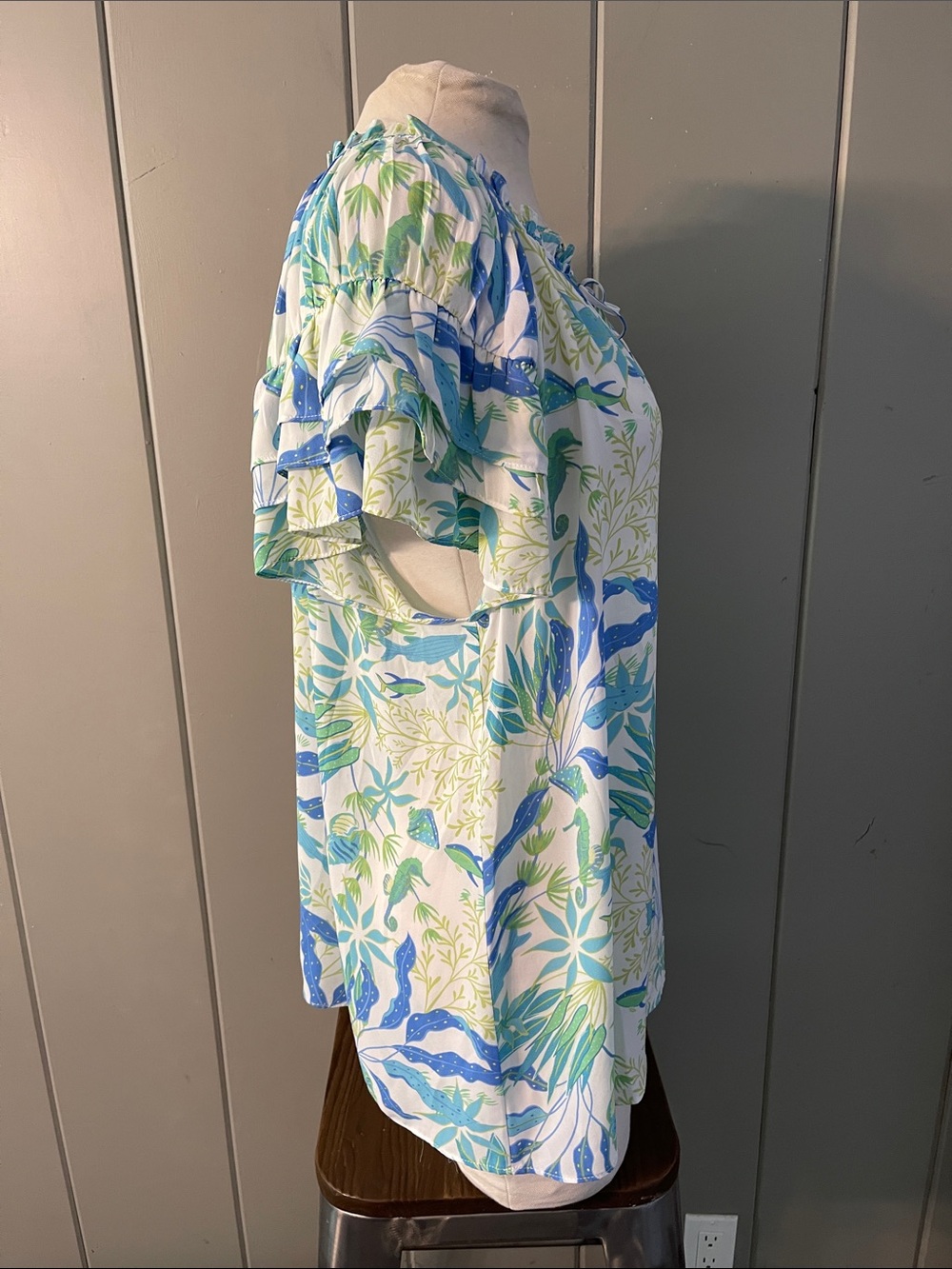 Rose Olive Blouse Top Blue Green White Whimsical Sea Horse Whales Coastal Floral - Picture 4 of 9